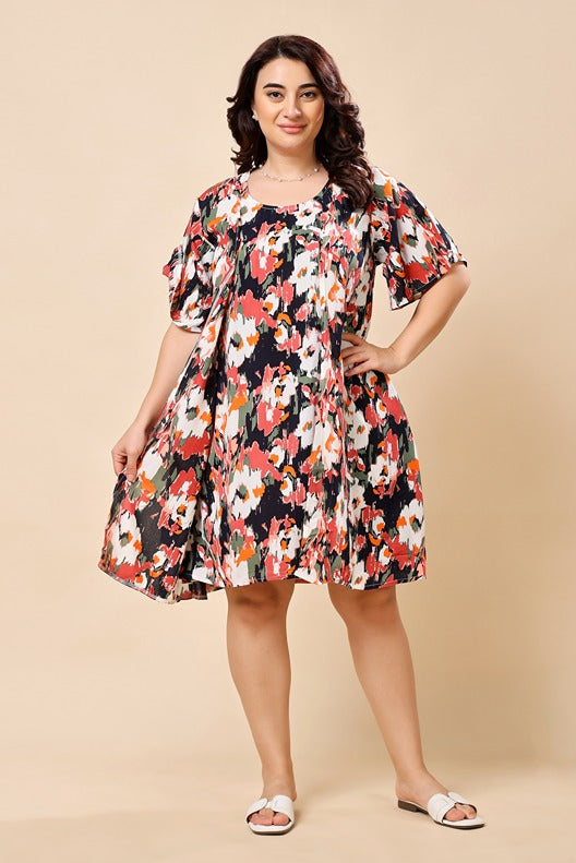 Model wearing Viscose Crepe Mini Dress with Pattern type: Abstract-2