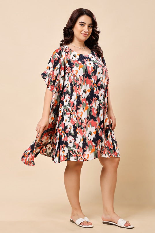 Model wearing Viscose Crepe Mini Dress with Pattern type: Abstract-3
