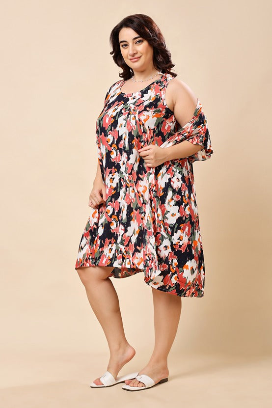 Model wearing Viscose Crepe Mini Dress with Pattern type: Abstract-4