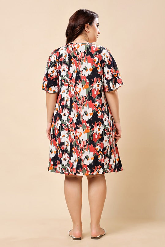 Model wearing Viscose Crepe Mini Dress with Pattern type: Abstract-6