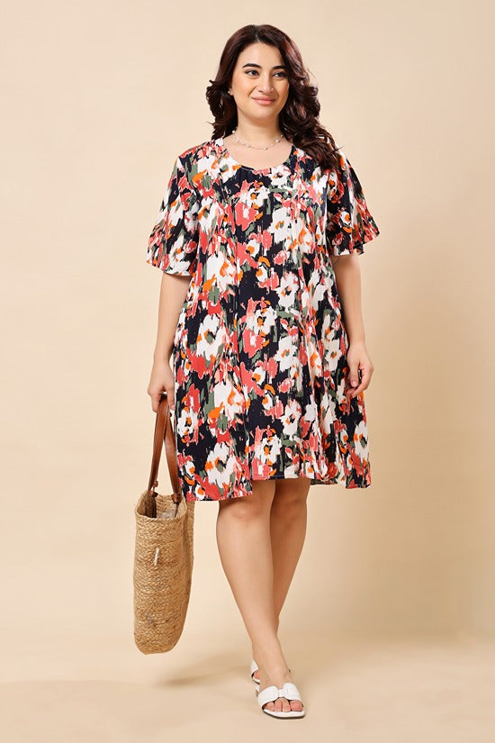Model wearing Viscose Crepe Mini Dress with Pattern type: Abstract-7