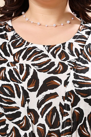 Model wearing Viscose Crepe Mini Dress with Pattern type: Leaf-4