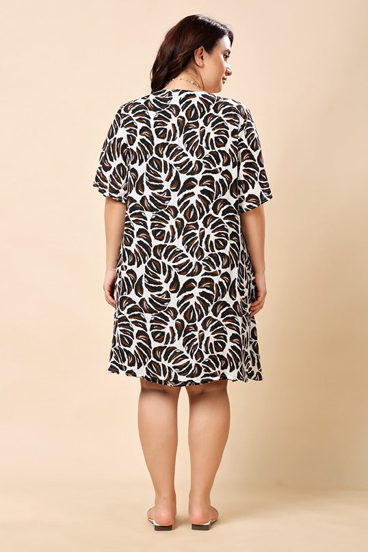 Model wearing Viscose Crepe Mini Dress with Pattern type: Leaf-5