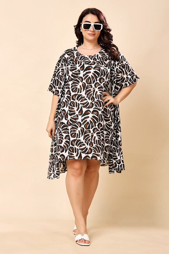 Model wearing Viscose Crepe Mini Dress with Pattern type: Leaf-6