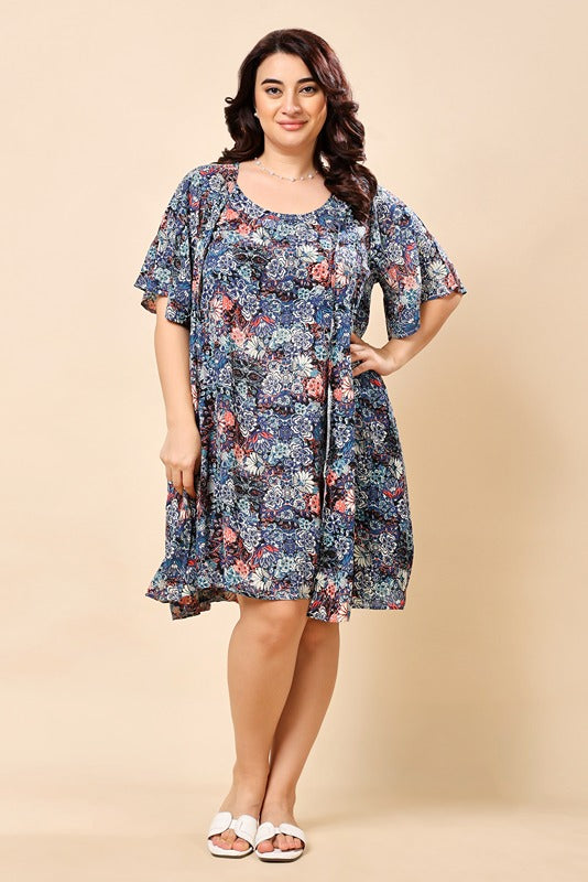 Model wearing Viscose Crepe Mini Dress with Pattern type: Floral-1