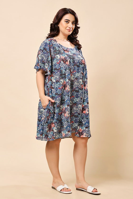 Model wearing Viscose Crepe Mini Dress with Pattern type: Floral-2