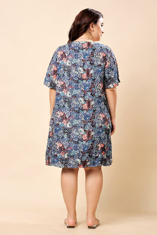 Model wearing Viscose Crepe Mini Dress with Pattern type: Floral-5