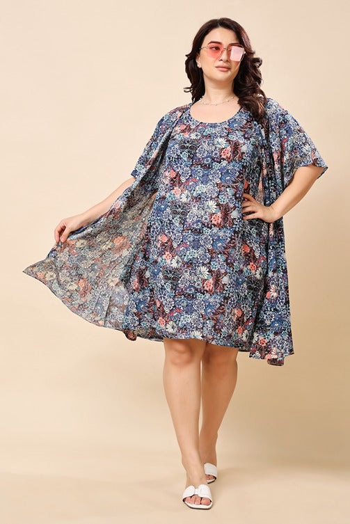 Model wearing Viscose Crepe Mini Dress with Pattern type: Floral-6