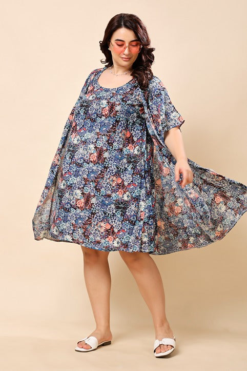 Model wearing Viscose Crepe Mini Dress with Pattern type: Floral-7