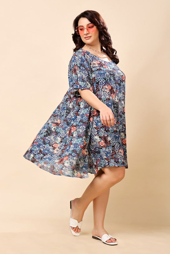 Model wearing Viscose Crepe Mini Dress with Pattern type: Floral-8