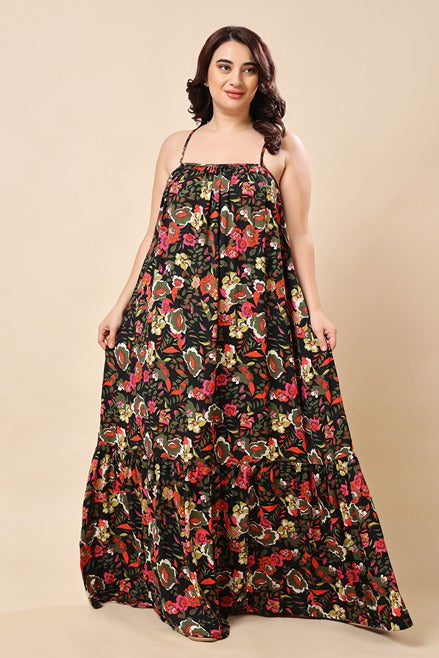 Model wearing Poly Crepe Maxi Dress with Pattern type: Floral-1