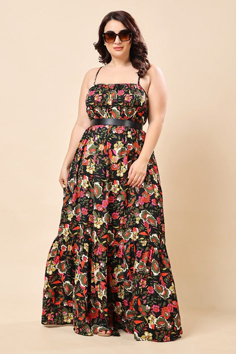 Model wearing Poly Crepe Maxi Dress with Pattern type: Floral-7