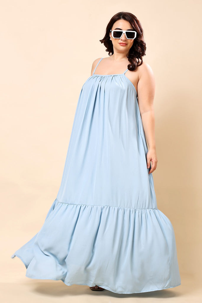 Model wearing Viscose Crepe Maxi Dress with Pattern type: Solid-16