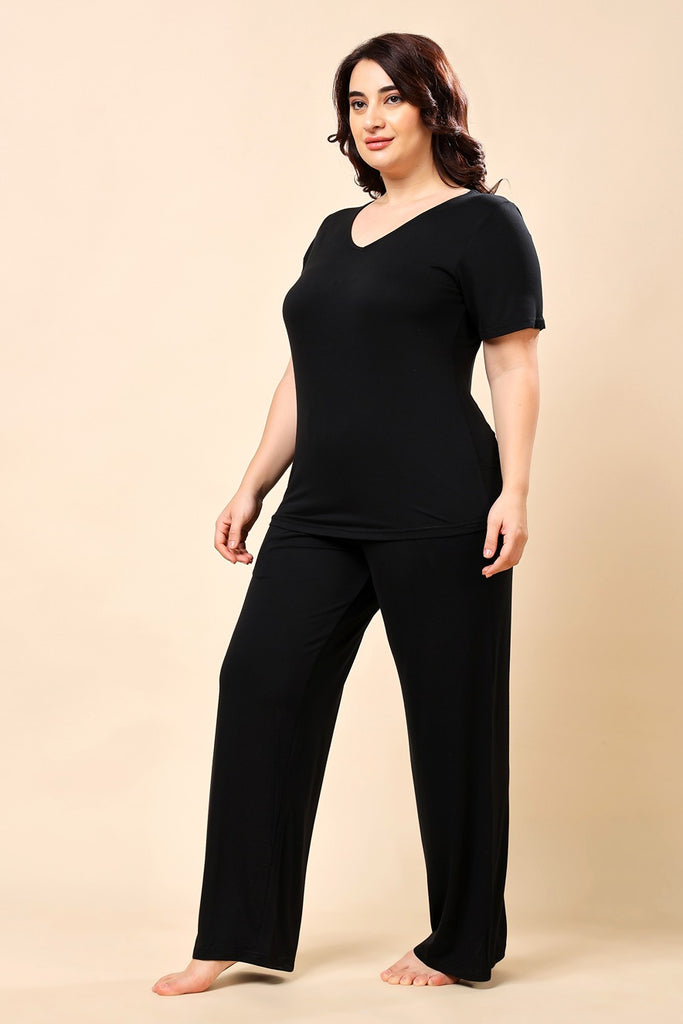 Model wearing Viscose Lycra Night Suit Set with Pattern type: Solid-3