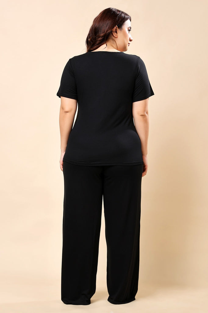 Model wearing Viscose Lycra Night Suit Set with Pattern type: Solid-5