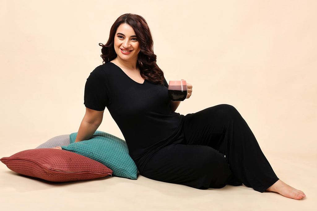 Model wearing Viscose Lycra Night Suit Set with Pattern type: Solid-6