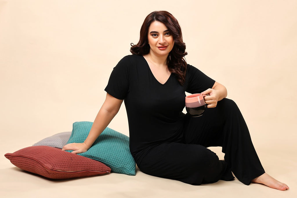 Model wearing Viscose Lycra Night Suit Set with Pattern type: Solid-7