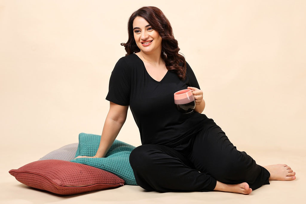 Model wearing Viscose Lycra Night Suit Set with Pattern type: Solid-8