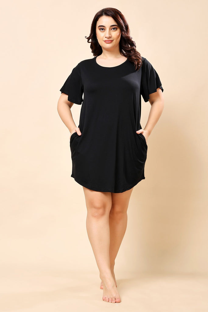 Model wearing Supima Cotton Lycra Mini Night Dress with Pattern type: Solid-1