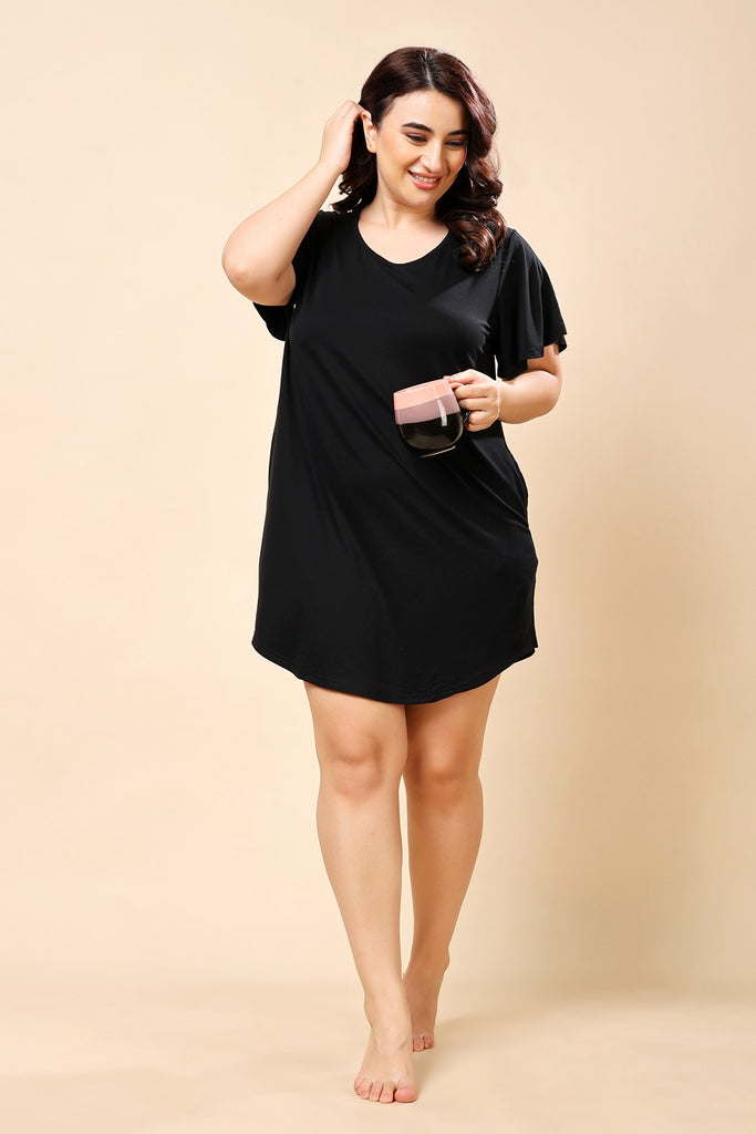 Model wearing Supima Cotton Lycra Mini Night Dress with Pattern type: Solid-7