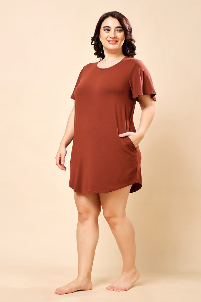 Model wearing Supima Cotton Lycra Mini Night Dress with Pattern type: Solid-3
