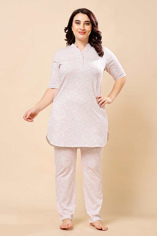 Model wearing Cotton Lycra Night Suit Set with Pattern type: Floral-1