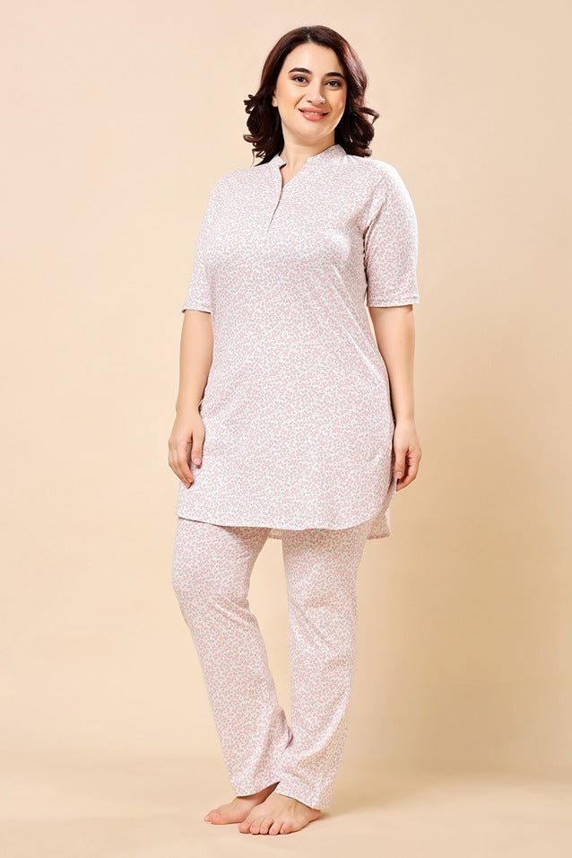 Model wearing Cotton Lycra Night Suit Set with Pattern type: Floral-3