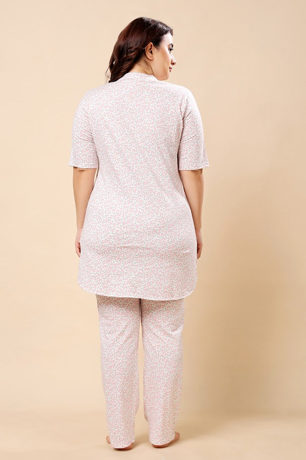 Model wearing Cotton Lycra Night Suit Set with Pattern type: Floral-5