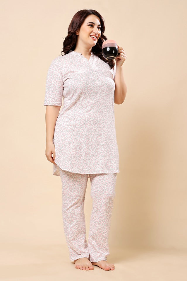 Model wearing Cotton Lycra Night Suit Set with Pattern type: Floral-7