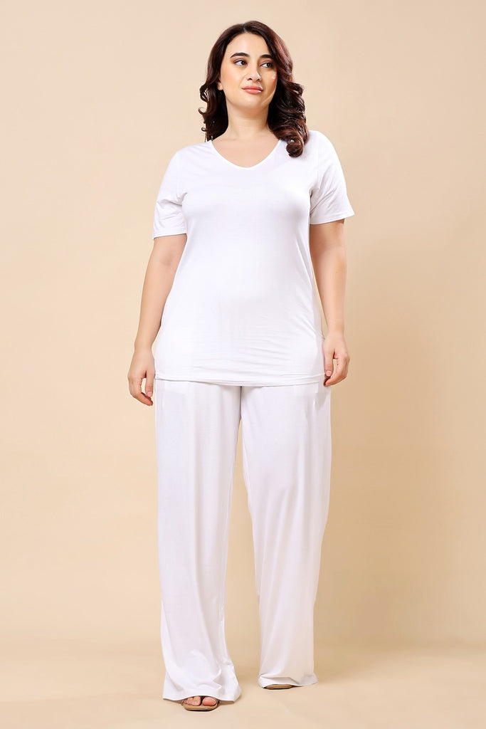 Model wearing Viscose Lycra Night Suit Set with Pattern type: Solid-1