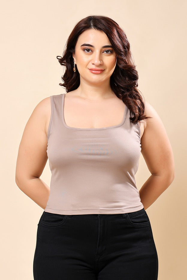 Model wearing Viscose Lycra Top with Pattern type: Solid-2