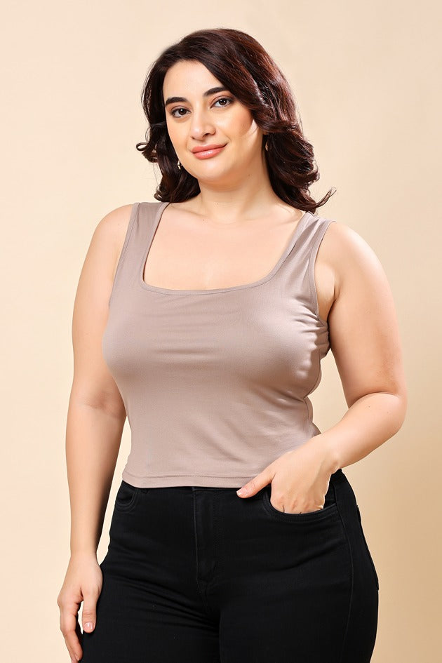 Model wearing Viscose Lycra Top with Pattern type: Solid-4