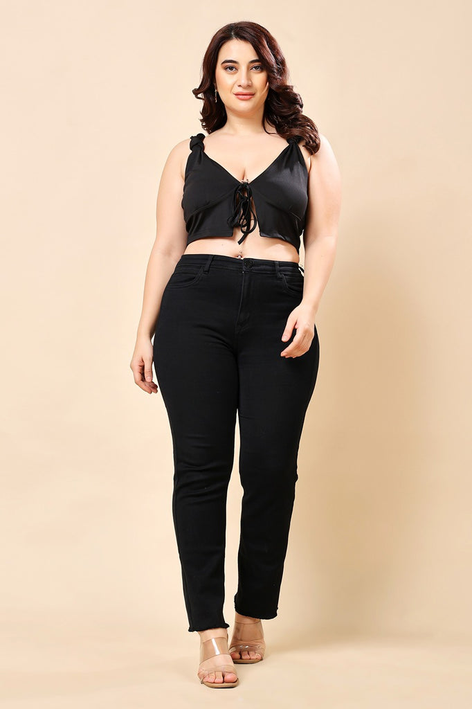 Model wearing Poly Lycra Crop Top with Pattern type: Solid-1