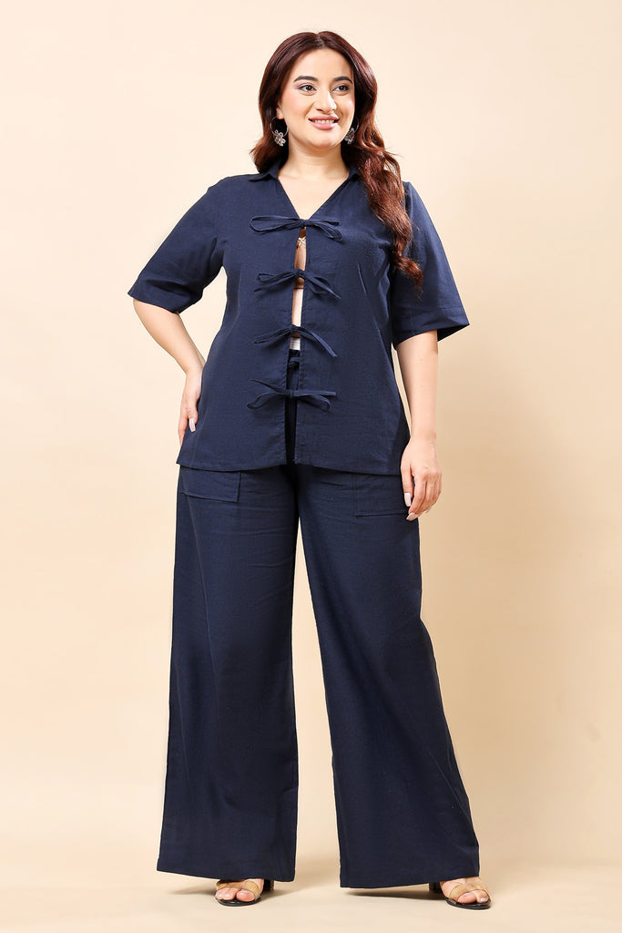 Model wearing Linen Co-ord Set with Pattern type: Solid-13