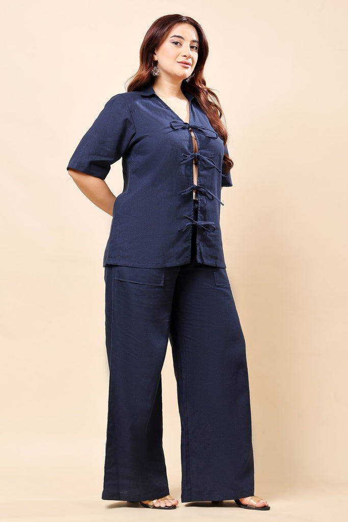 Model wearing Linen Co-ord Set with Pattern type: Solid-14