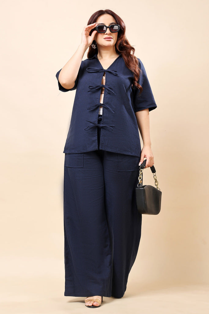 Model wearing Linen Co-ord Set with Pattern type: Solid-19