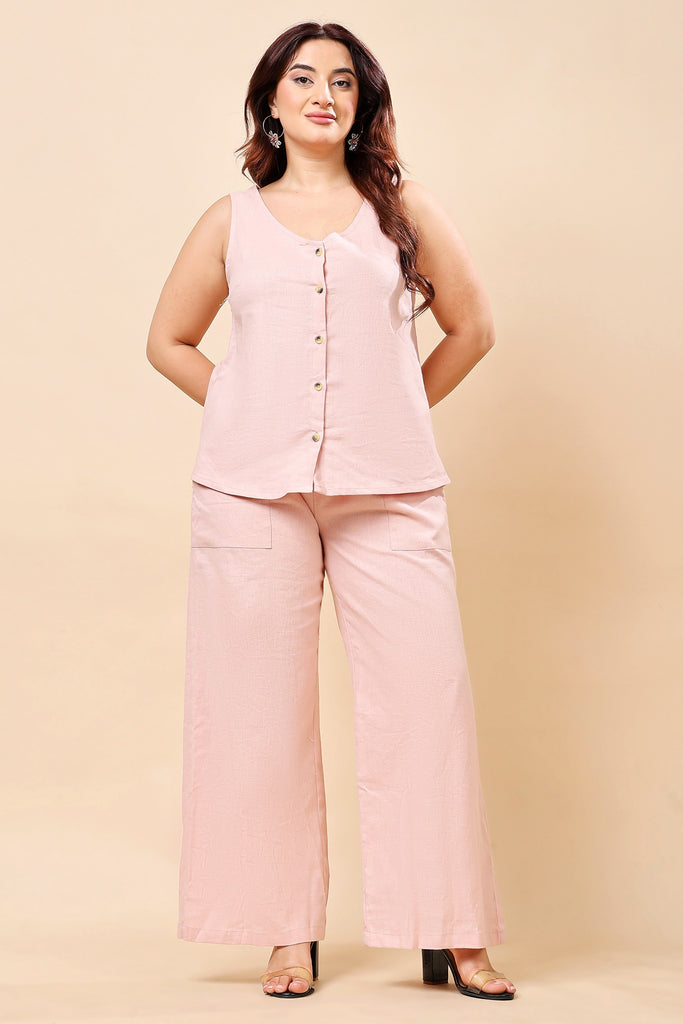 Model wearing Linen Pants with Pattern type: Solid-1