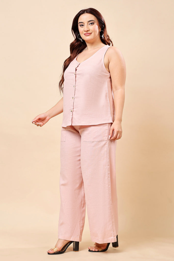 Model wearing Linen Co-ord Set with Pattern type: Solid-3