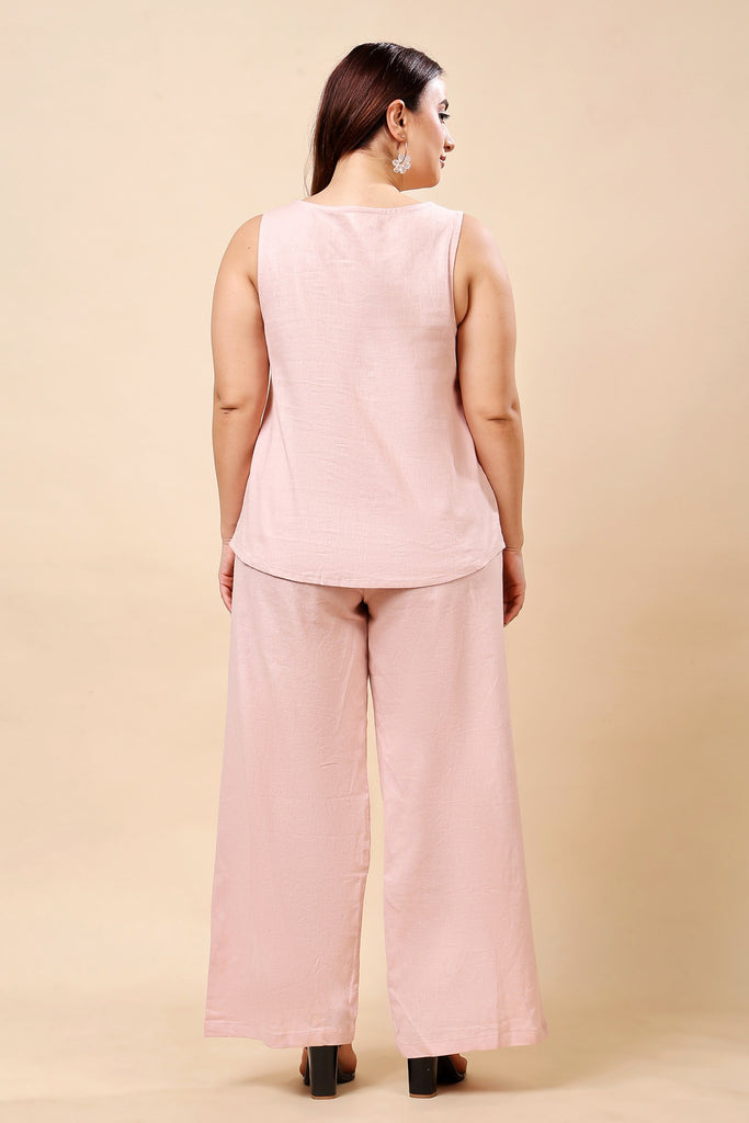 Model wearing Linen Co-ord Set with Pattern type: Solid-5