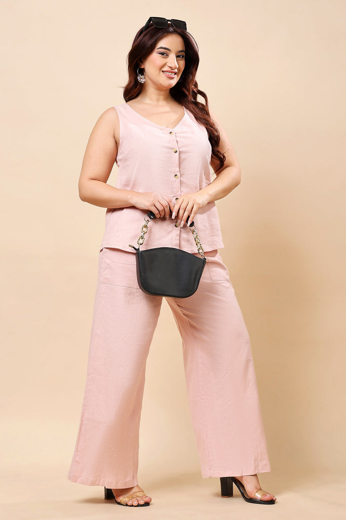 Model wearing Linen Co-ord Set with Pattern type: Solid-8