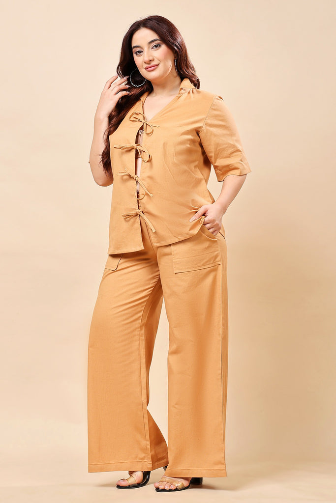 Model wearing Linen Co-ord Set with Pattern type: Solid-42