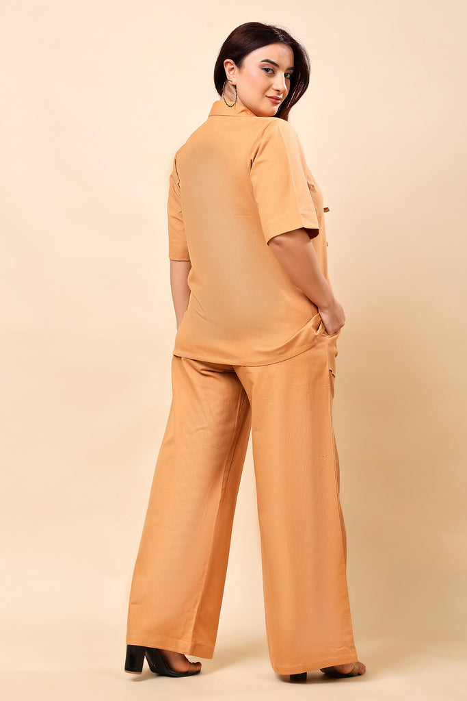Model wearing Linen Co-ord Set with Pattern type: Solid-43