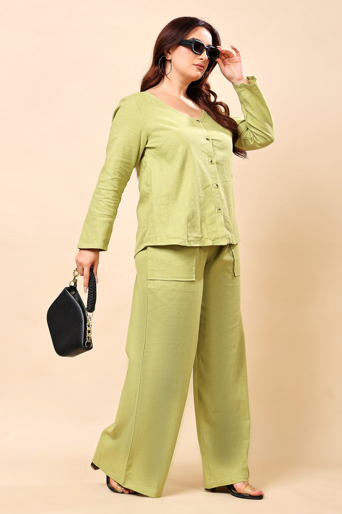 Model wearing Linen Co-ord Set with Pattern type: Solid-49