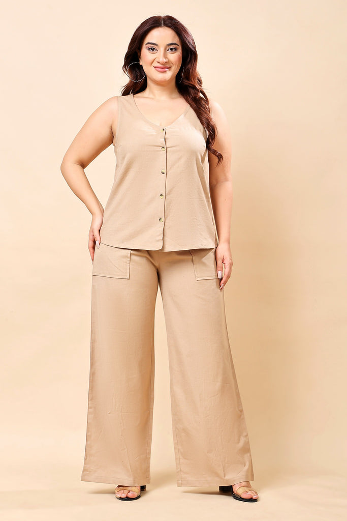 Model wearing Linen Top with Pattern type: Solid-1