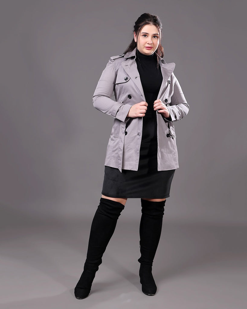 Model wearing Cotton Poplin Overcoat with Pattern type: Solid-1