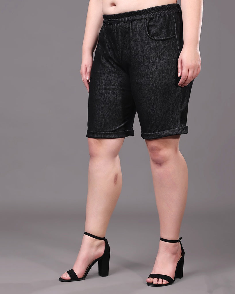 Model wearing Denim Shorts with Pattern type: Solid-4