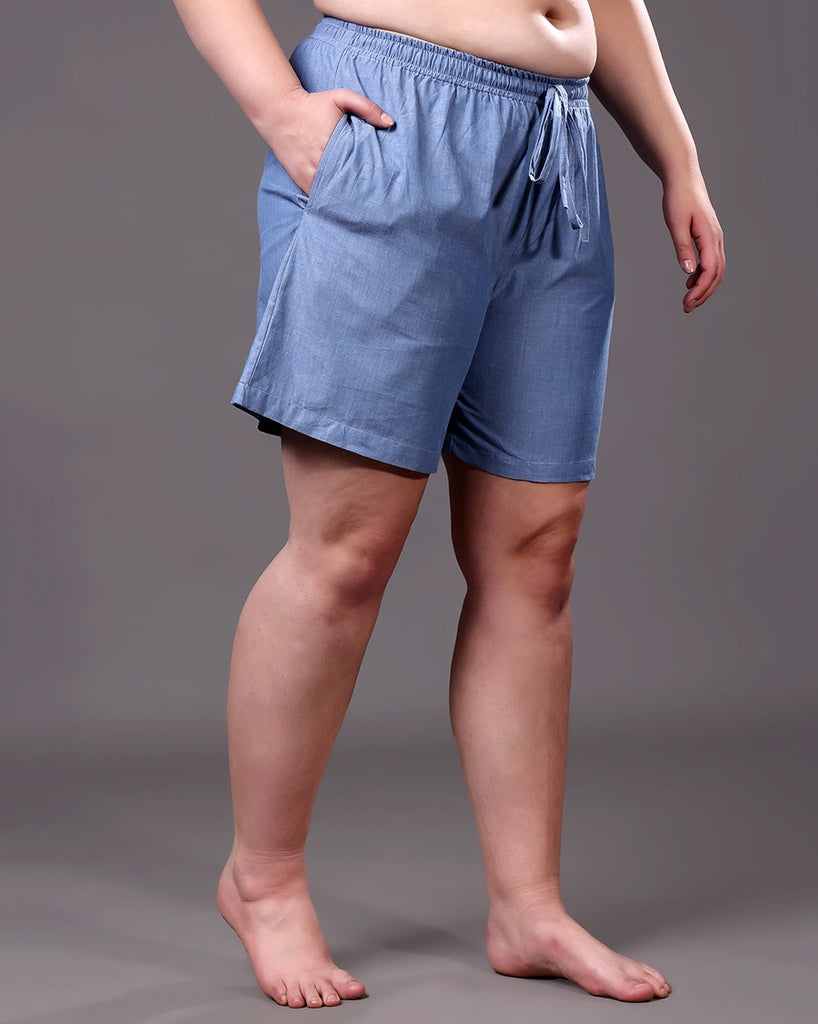 Model wearing Denim Shorts with Pattern type: Solid-3