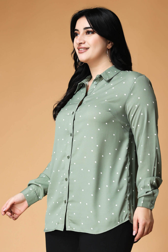Model wearing Poly Crepe Shirt with Pattern type: Polka Dots-11