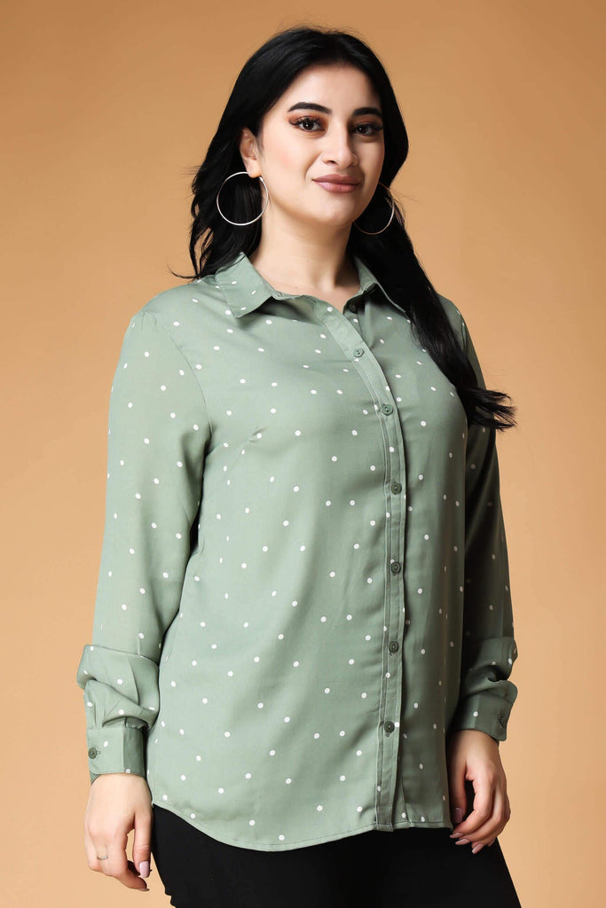 Model wearing Poly Crepe Shirt with Pattern type: Polka Dots-12