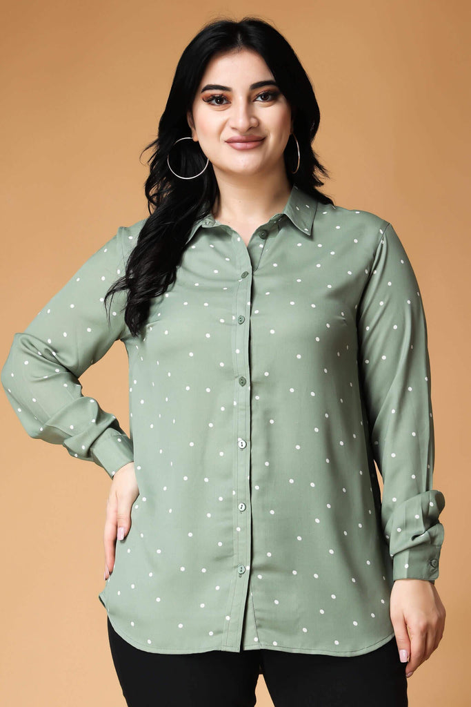 Model wearing Poly Crepe Shirt with Pattern type: Polka Dots-8